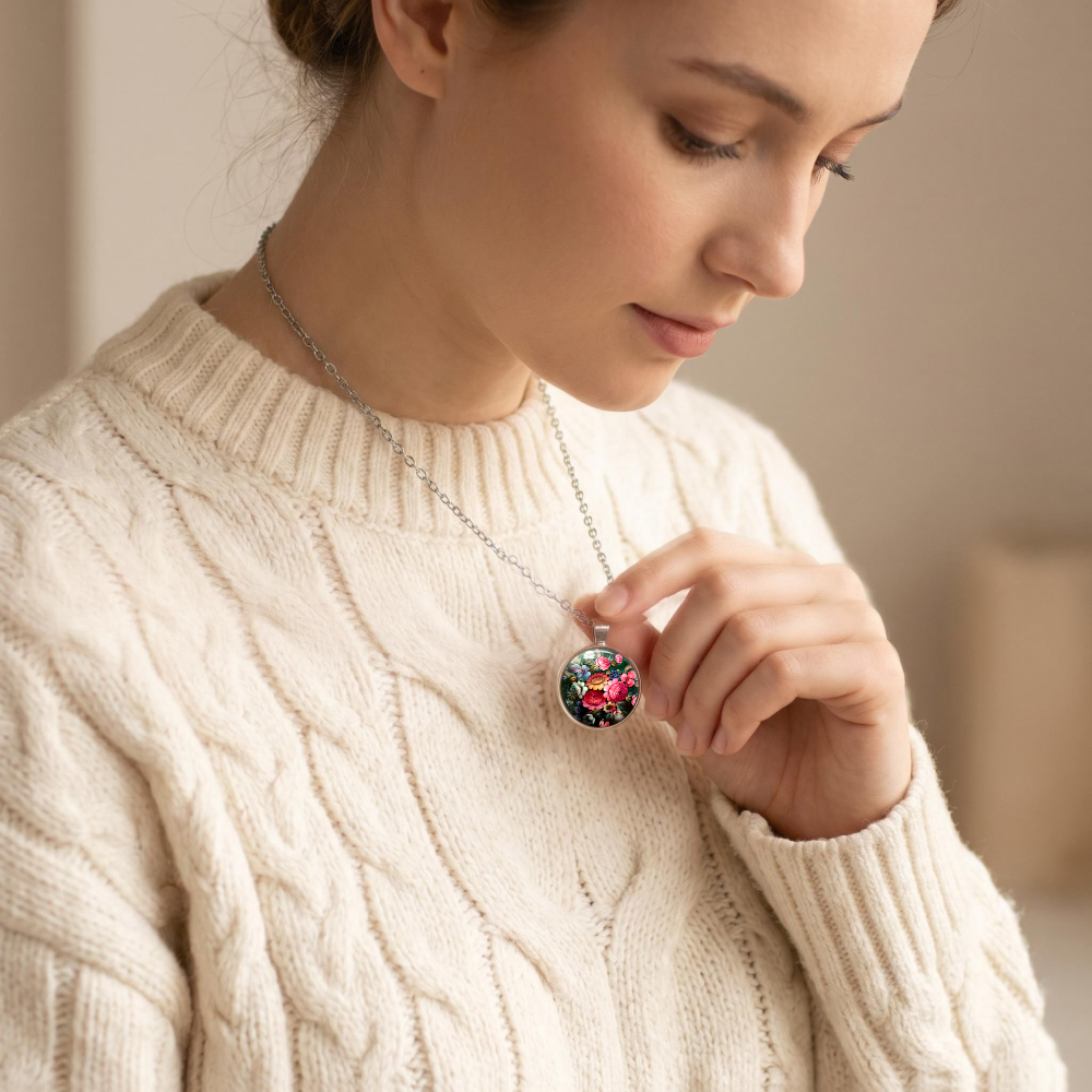 Colorful Floral Pattern Pendant, Unisex Round Glass Necklace